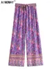 Pantaloni da donna Vintage Autunno Donna Viola Stampa floreale Bohemian Gamba larga Lady Gotico Elastico in vita Pantaloni casual Boho larghi