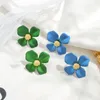 Серьги-гвоздики из стерлингового серебра 925 пробы, женские милые серьги синего или зеленого цвета с большим цветком, ювелирные изделия для женщин и девушек, мода