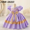 Summer Kids Girl Party Dress Oneck Little Piano Performance Big Bow Short Sleeves Satin Finish Princess Dresses H103 240223