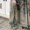 Women's Jeans Women Flash Distressed Straight Pants Denim Spliced Pockets High Street Loose Low Waist Washing Zipper Flat Winter
