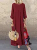 Kvinnor Vintage Print Patchwork Maxi Dress Boho 34 ärm överdimensionerad lång klänning Casual Harajuku O Neck Loose Dress Elegant Robe 240307