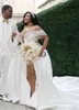 Side Sexy Deep V-neck Split Wedding Dresses with Detachable Train Lace Appliques Crystal Beaded Off Shoulder Plus Size Bridal Gowns Gorgeous Satin Bride Wear