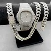 Bilek saatleri 3 2pcs kolye izle bilezik hip hop miami küban zinciri altın renk buzlu asfalt rhinestone rapçi erkek mücevher seti 260Q