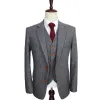 Garnitury wełna szary brytyjskie styl dla mężczyzn na zamówienie Made Herringbone Tweed 3 szt. Ślub Slim Fit Groom Tuxedo (kurtka + spodnie + kamizelka)