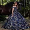 Azul Marino fuera del hombro vestido De baile De flores 3D Vestidos De quinceañera volantes apliques De lentejuelas corsé De encaje Vestidos De 15 anos