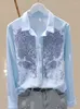 Blouses Femmes Coton Fleur Broderie Femmes Chemises 2024 Automne Mode À Manches Longues Solide Bureau Dame Élégante Chemise Top Bleu Blanc