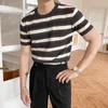 Men's T Shirts Summer T-Shirt Stripe Versatile Fashion Mens Casual Slim Short Sleeve Knitted Sweater O-Neck Tops A07