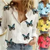 Women's Blouses Vintage Blouse Woman Linen Casual Tops Butterfly Print Women Fashion Oversized Button Up Streetwear Shirts For Blusas