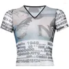 Damen-T-Shirts, Retro-bedrucktes Crop-Top, alphanumerische Netzgaze, sexy enge kurze weibliche Y2k-Ästhetik-T-Shirt-Damen-Rüschenpullover