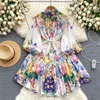 Grundläggande casual klänningar Summer Designer Runway Linen Dress Women's Stand Long Sleeve Single Breasted Floral Print Belt Lace Up Boho Mini Vestido 2024