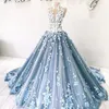 Glamorous Handmade Flowers Evening Dress Sexy High Neck Beads Lace Applique Tulle Ball Gowns Prom Dress Elegant Dubai Long Evening281Z