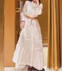 2024 Vår/sommar ny casual klänning ma-je linne blandad fransk spets krage ihålig vit lång klänning