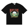 Meichao Rhude High Street Trendy 브랜드 Sunset Beach Pattern 인쇄 느슨한면 캐주얼 짧은 슬리브 티셔츠 다목적