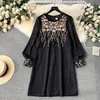 Vestidos casuais básicos verão bordado flor mini vestido feminino o-pescoço manga longa vermelho preto escritório senhora trabalho desgaste a linha festa vestidos 2024