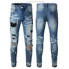 Джинсы Amirs, дизайнерские мужские джинсы, фиолетовые фирменные джинсы High Street Hole Star Patch, мужские и женские брюки с вышивкой в виде звезды, эластичные облегающие брюки, брюки