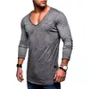 Printemps automne hommes t-shirt décontracté à manches longues Fitness musculation solide Sexy col en v t-shirts hommes vêtements t-shirts 240307