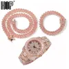 Hip Hop Baguette Watch Halsband Armband 12mm Iced Out Paled Pink Rhinestones Miami Prong Cuban Chain for Women Men smycken Chai258n