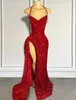 Robes de bal robe de soirée formelle sirène paillettes fermeture éclair personnalisée à lacets grande taille nouveau spaghetti sans manches rouge foncé fentes cuisse-haute