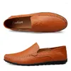 Casual schoenen leer voor heren instappers groot formaat rijden naaien mannelijke schoen effen kleur ademend chaussure hommes