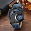 Fashion Cowboy Blue Denim Watches Men Sports Watches 2 Time Zone Leather Strap Quartz Wristwatches Man Watch Relogio Masculino 220287M