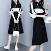 Casual Jurken Mode Stand Kraag Rits Shirring Lace Up Boog Vrouwelijke Kleding 2024 Lente Zomer Losse Koreaanse Midi-jurk