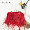 Fashion Ostrich Fuax Fur Feather Wallet Clutch Bag Ladies Diamond Knuckle Rings Dinner Party Wedding Purse Luxury Chic 240301