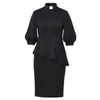 Party Dresses Women Clergy Full Collar Puff 3/4 Sleeve Bodycon Length Pencil Midi Dress