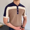Camisetas masculinas 2024 camisa de malha de retalhos com mangas curtas cor contrastante slim fit polo