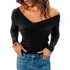 Women's Blouses Stretchy Women T-shirt Chic Autumn Off-shoulder V-neck Tops Solid Color Long Sleeve Pullover T-shirts For Casual