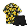 Herrspårar Summer Hawaiian Suit Short Sleeve Coconut Tree Banana Printed Button Up Shirt Beach Shorts Casual 2 Pieces