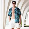 Herrspårar Summer Hawaiian Suit Short Sleeve Coconut Tree Banana Printed Button Up Shirt Beach Shorts Casual 2 Pieces