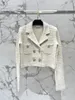 Arbetsklänningar 2024 Tidig vår White Plaid Pearl Patch Diamond Button Sticked Long Sleeved Jacket A-Line mini kjol Tvådelar