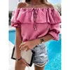 Kvinnors blusar Lady Off Shoulder Sexig Ruffled One Word Collar Lace-up Solid Mid-Sleeved Summer Casual T-Shirt Fashion Clothing 2024