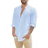 Camisas de manga comprida masculinas de linho de algodão verão cor sólida gola alta casual estilo praia plus size 240312