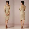 Sheath Gold Embroidery Mother of the Bride Dresses Appliques Illusion Neck Knee Length Formal Dresses Plus Size Charming Evening D205w
