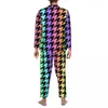 Homens sleepwear pastel houndstooth outono arco-íris impressão retro oversized pijama conjunto homens mangas compridas bonito macio lazer personalizado nightwear