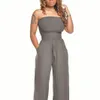 Vrouwen sexy off-shoulder jumpsuits bandeau strapless wijde pijpen lange broek losse tube top romper met zakken