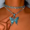 Chains Hip Hop Pink Big Butterfly Pendant Chunky Cuban Choker Necklaces For Women Multicolor Rhinestones Metal Link Chain Punk Jew353S