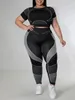 LW Plus Size Color Block Two Pieces Short Sleeve Crew Neck Crop Top T-shirt Stretch Sheath Sporty Trousers Patchwork Maxi 2PCS 240229