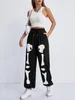 Calças femininas Bold Shade Mall Gótico Esqueleto Gráfico Sweatpants Halloween Grunge Punk Casual Mulheres Cintura Alta Shirring Outono Bottoms