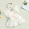 Macacões 2024-03-23 Lioraitiin 0-24m infantil bebê meninas romper vestido laço flor voar manga quadrada pescoço bowknot macacões com faixa de cabeça