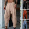 Calças masculinas homens algodão linho casual sólido cintura elástica oversized solto calças retas primavera verão vintage calça ao ar livre gordura