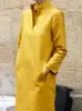 Robes décontractées Yeezzi 2024 Printemps Robe musulmane Robe Femmes Mode Poches Couleur unie Manches longues Élégant Split-côté Maxi