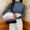 Suéteres de mujer Real de gran tamaño de manga larga suéter blusa delgada cuerpo apretado medio cuello alto