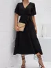 Summer Dress 2024 in Fashion Sexy Solid Black Vneck Stitched Long OverSize Office Lady ALINE Dresses for Women Streetwear 240309