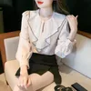 Autumn Womens Long Sleeve Ruffle Collar Vintage Lantern Sleeves Solid Line Spliced Chiffon Shirt Women Tops Blouse Camisas A221 240226