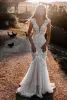 Boho Mermaid Beach Wedding Dresses Lace Deep V-neck Neckline Cap Sleeves Chapel Train Plus Size Bride Gown Vestidos De BC10939