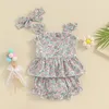 Kledingsets Babymeisjes Shorts Set Mouwhemdje met elastische taille Hoofdband Bloemen zomeroutfit