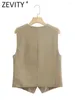 Women's Jackets Zevity Women Fashion V Neck Sleeveless Single Breasted Linen Vest Jacket Office Ladies Casual Slim WaistCoat Tops CT1642