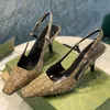 Designer vierkante ruit geborduurde jacquard gebreide bretels stiletto stiletto lichtgevende bedrukte schoenen van rubber leer zomer enkelbandje hakken